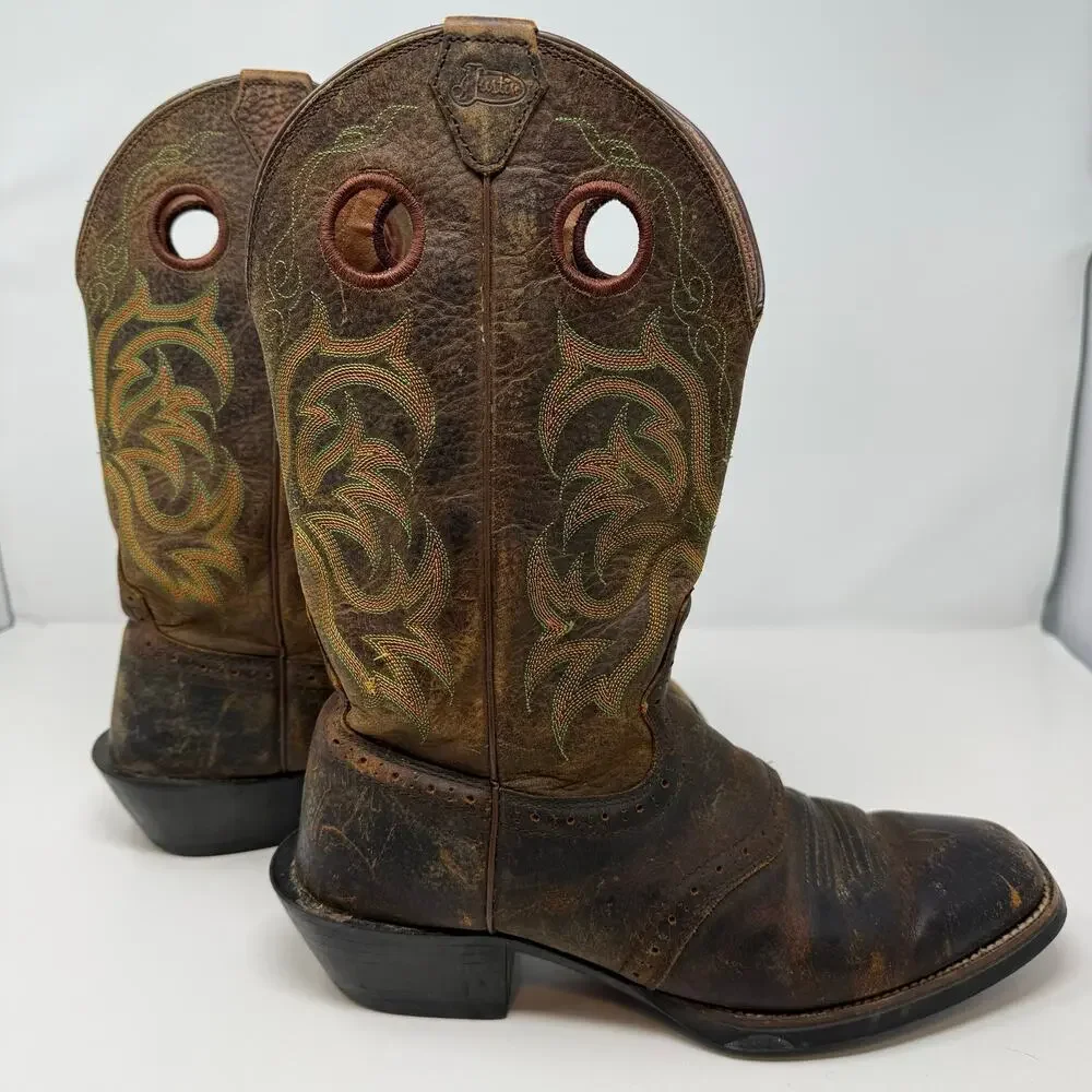 Justin Stampede Square Toe Western Boot Men's 9D Brown Leather Cowboy